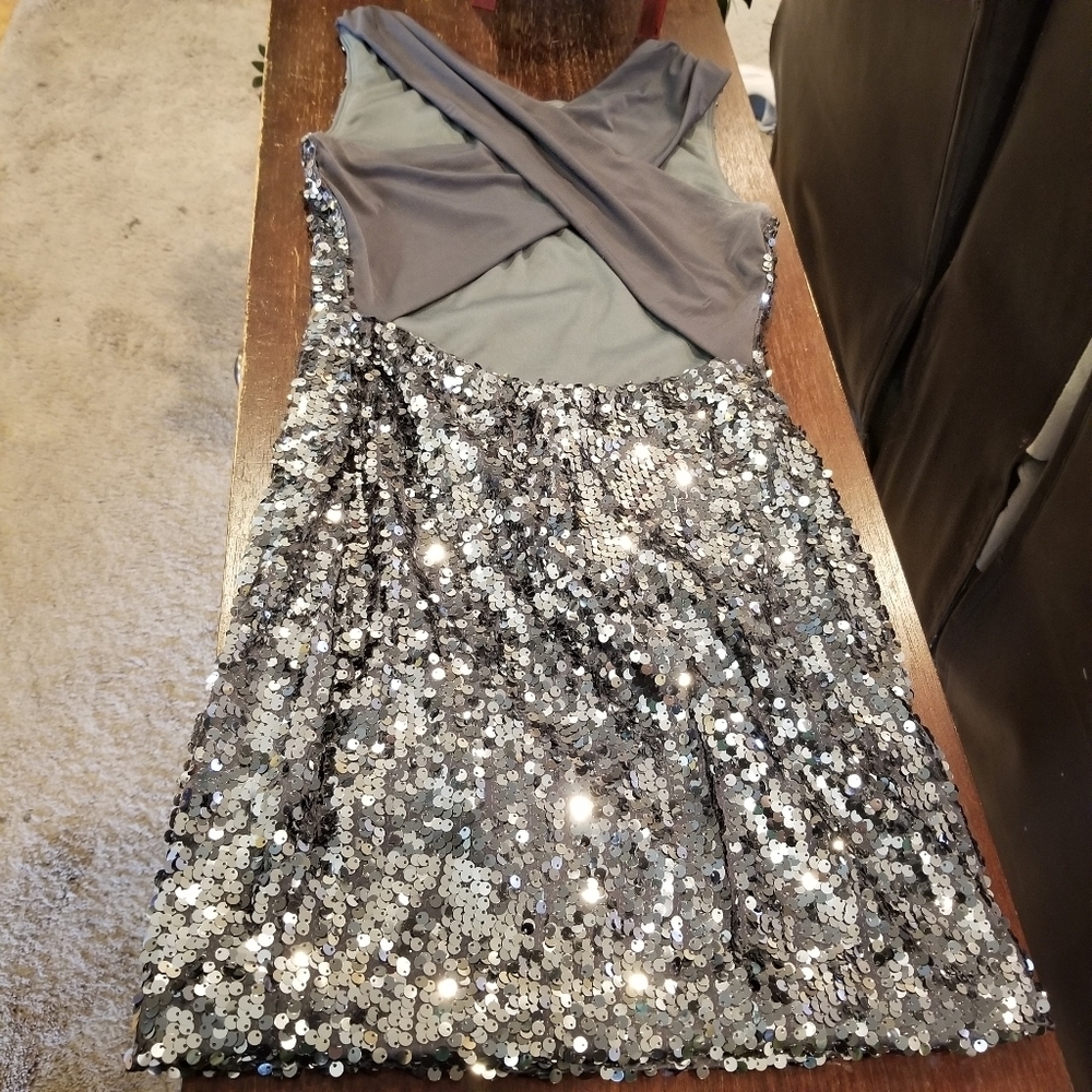 Fredericks of Hollywood Silver sequin criss cross back dress size Med - Picture 5 of 15
